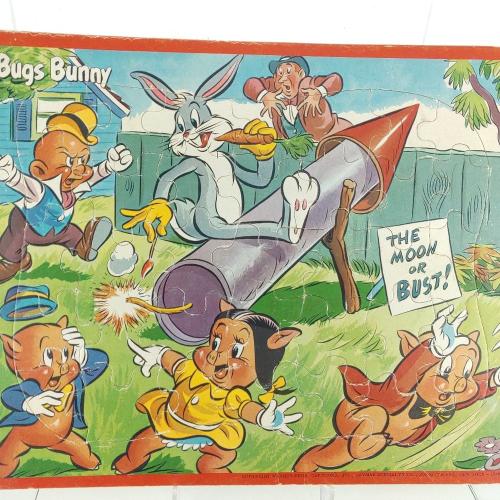 Vintage Warner Bros Bugs Bunny on Firework Tray Puzzle 14" x 11" Pigs Jaymar